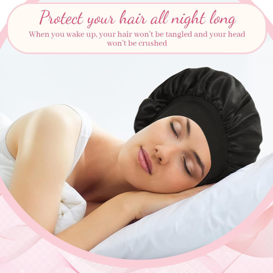 KIRZAX Pack of 2 Silk Bonnet for Sleeping, Silk Bonnet, Satin Hair Cap Bonnet for the Night, Soft Bonnet Sleep Cap, Hair Net for Women and Girls (Black + Pink)
