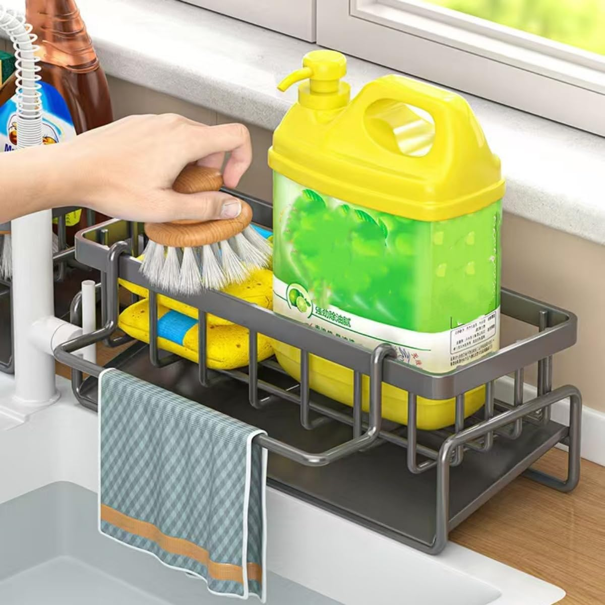 Kitchen Sink Caddy Organiser with Self Draining Tray, Sponge Holder for Kitchen Sink with Brush Holder, Dish Soap Holder, Kitchen Sink Accessories Made of Carbon Steel image number 2