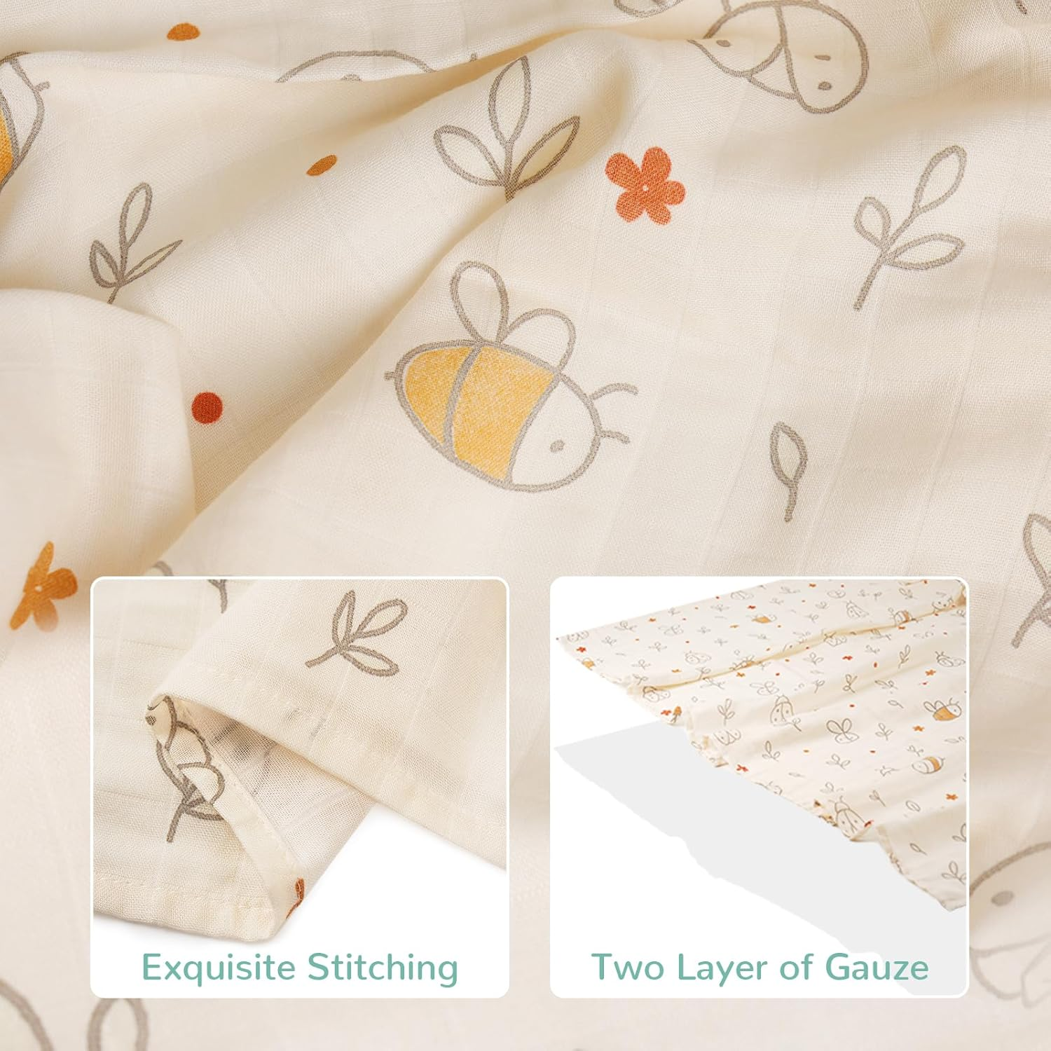 HECCEI Baby Swaddle Blankets, 70% Bamboo 30% Cotton Muslin Swaddle Blanket, Large Breathable Receiving Blankets for Newborn, Boy and Girl Swaddles, Registry & Gift, 47 X 47 Inches (Sprouts)