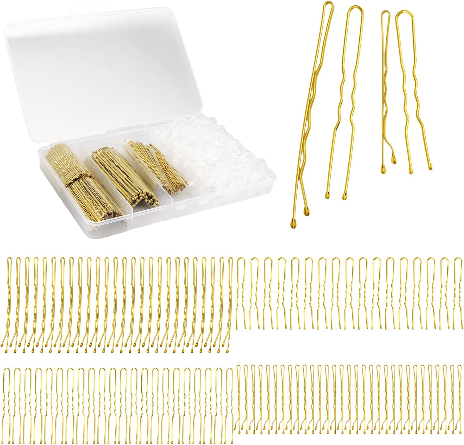 Bliceon Pack of 700 Small Bobby Pins Set, U-Shaped Hair Clips, Transparent Hair Elastic, Small Bobby Pins for Women and Girls with Storage Box (Gold)