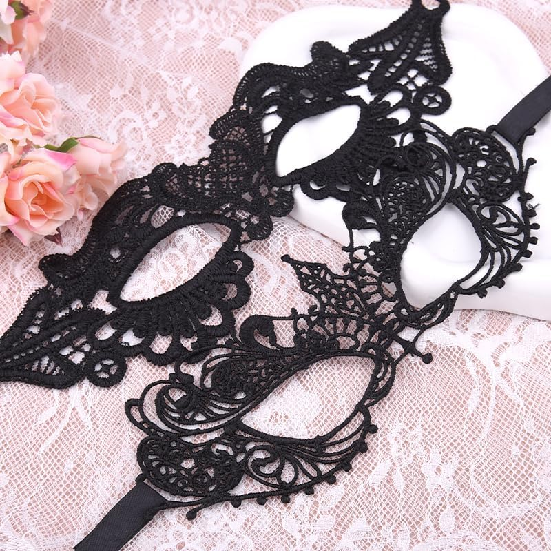 Black Lace Eye Mask Half Face Mask Women Adults Sexy Masks for Party Carnival Cosplay Halloween Accessories for Women Teen Girls Halloween Eye Face Masks 2Pcs image number 6
