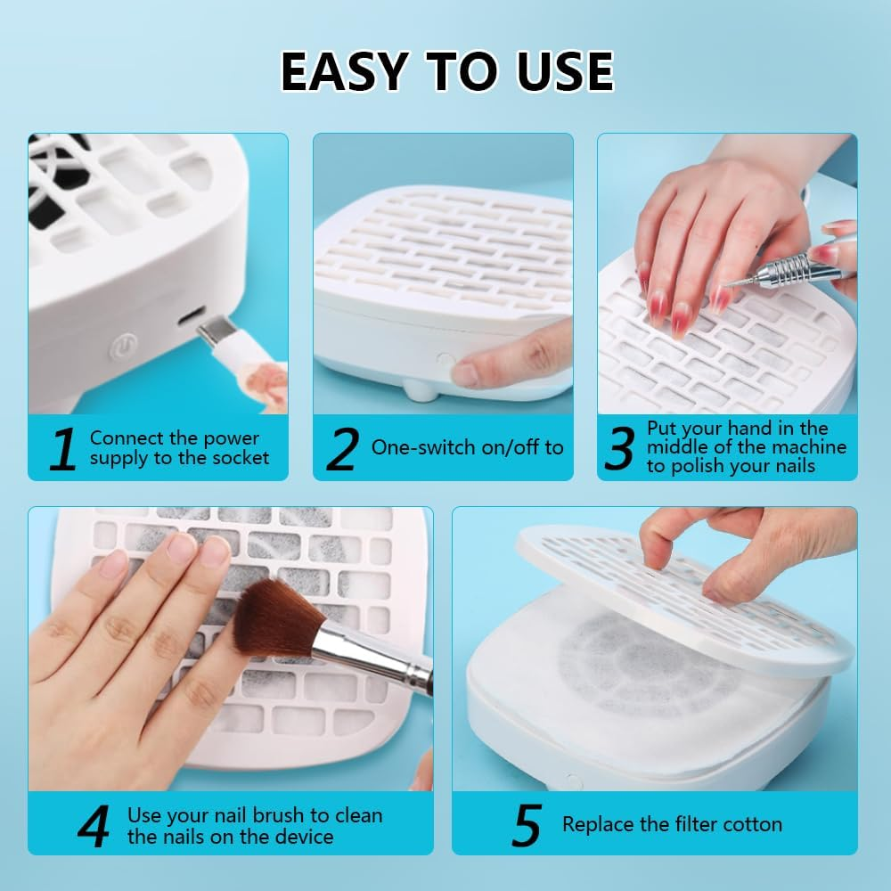 Nail Dust Collector with 30PCS Filter Pads and Nail Dust Brush, Vacuum Fan Dust Collector for Beginner Mini Dust Suction Machine Manicure Pedicure Tool for Acrylic Nail Polishing for Home Use