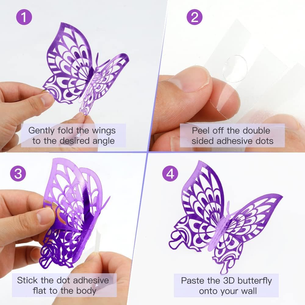 FIMETEUG Purple Butterfly Wall Sticker, 72 PCS, Elegant, Metallic Paper, Indoor Use image number 1