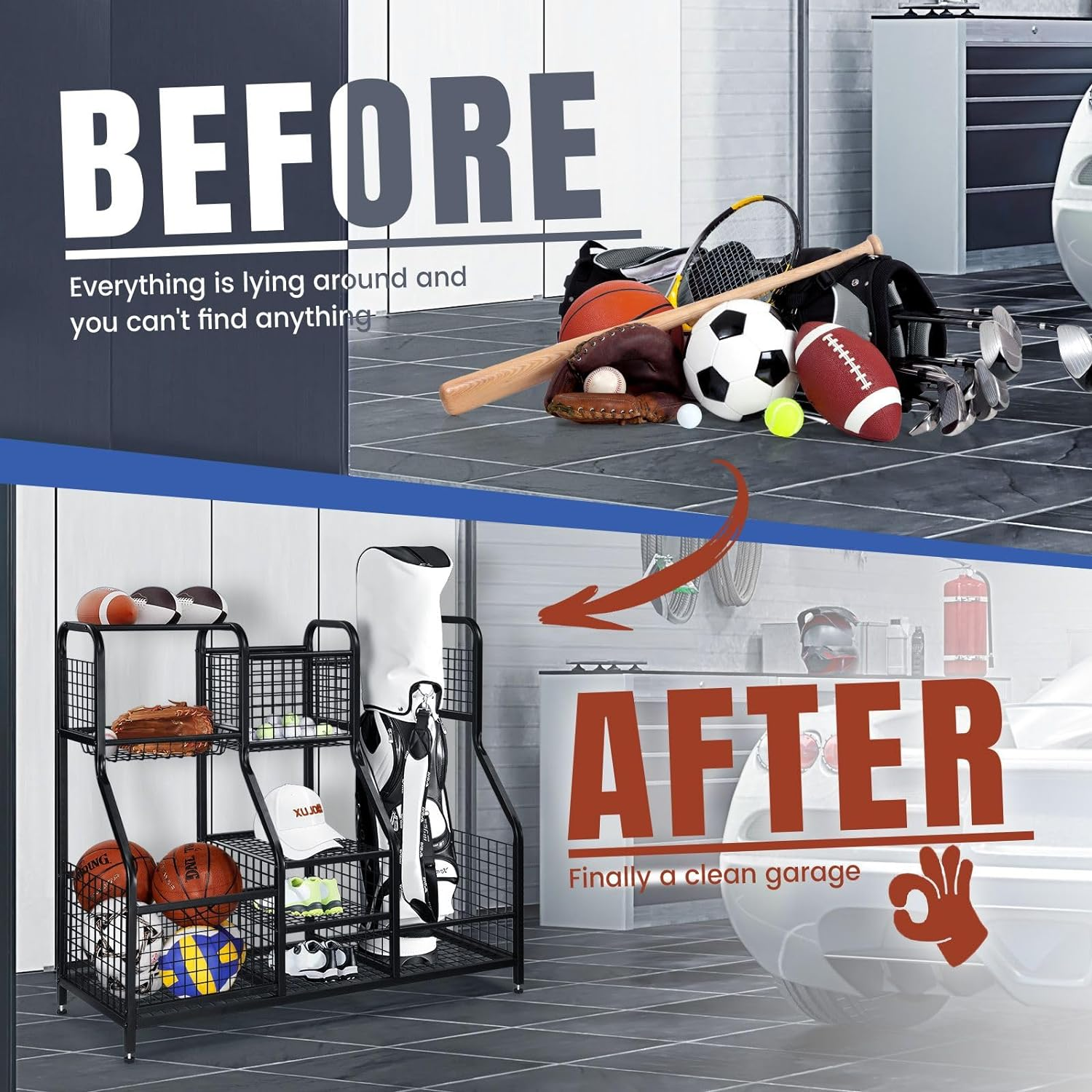 GENKI Large Golf Bag Ball Storage Rack Sports Gear Equipment Organiser for Basketball Football Home Gym Garage Shelves Holder Stand