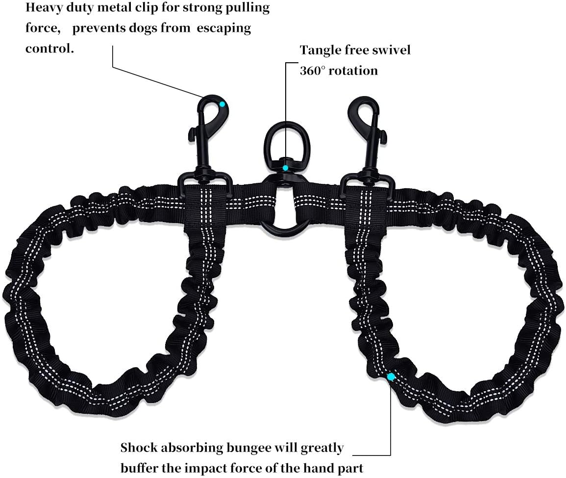 U-Pick Dual Dog Leash, Double Dog Leash, 360 Swivel No Tangle Double Dog Walking Training Leash, Comfortable Shock Absorbing Reflective Bungee for Two Dogs, Black, Medium Large image number 3