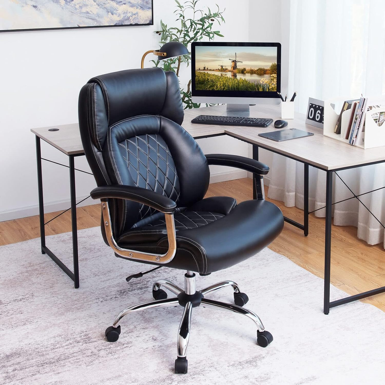 Giantex Big & Tall Office Chair 230KG, Height Adjustable Executive Chair, Swivel Task Chair with Upgraded Padded Armrest, Computer Desk Chair with Metal Base, Rocking Backrest, Extra Wide Seat, Black - Black image number 2