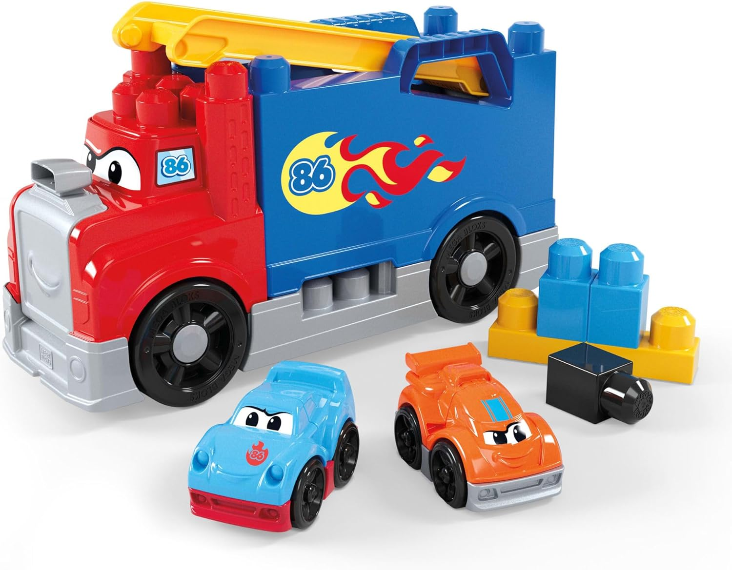 MEGA BLOKS First Builders Toddler Building Blocks Toy Set, Build & Race Rig with 19 Pieces, 2 Race Cars and Storage, Red, Ages 1+ Years image number 1