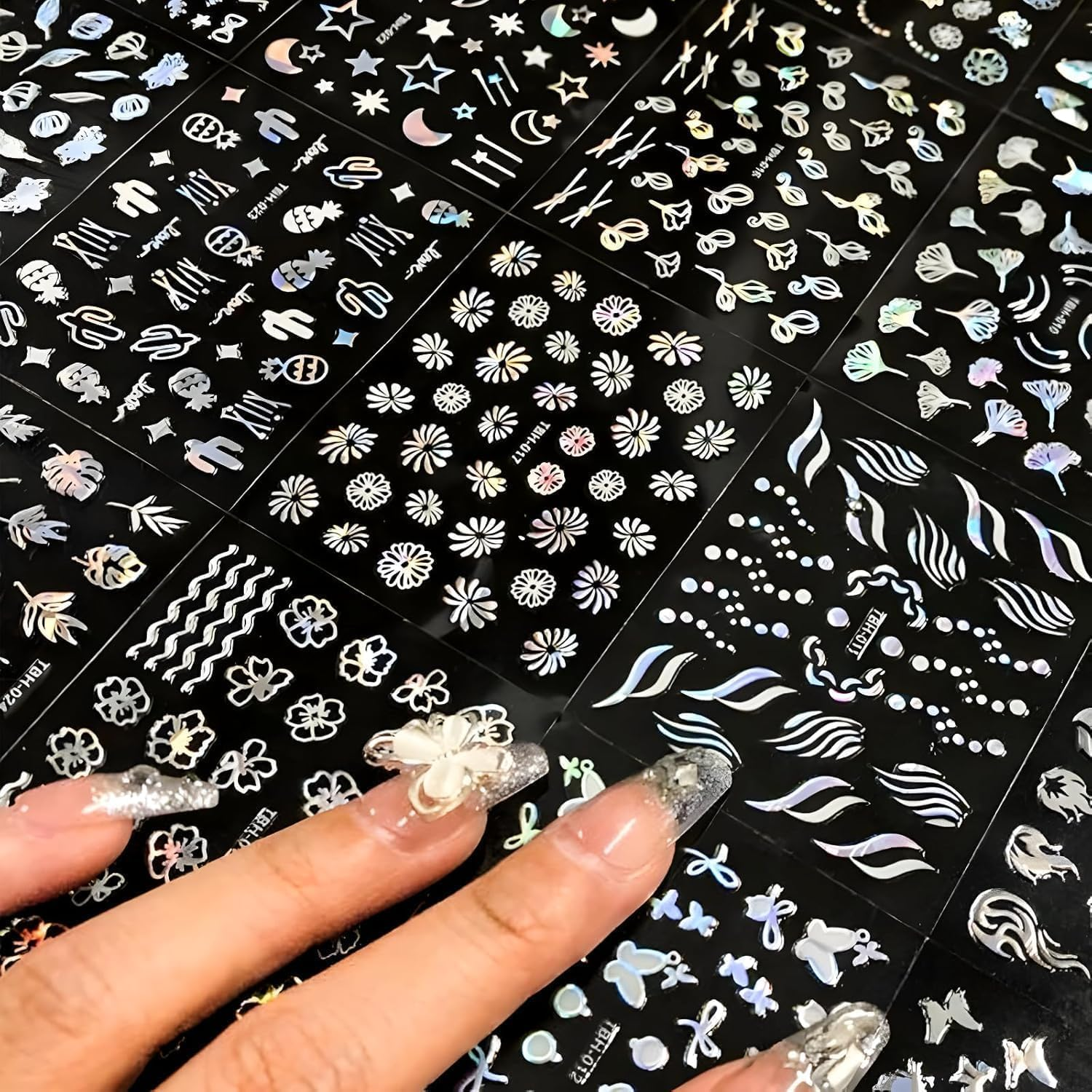 30 Sheets Namrec Aurora 3D Nail Art Stickers - Self-Adhesive Star Moon Flower Decals for DIY Acrylic Nails, Safe for Pregnant Women & Kids (Aurora) image number 2