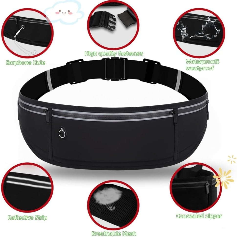 Men'S and Women'S Waist Belts, 3-Pocket Adjustable Reflective Waist Belt, Runner'S Wallet Belt, Suitable for Fitness, Cycling, Walking, Traveling and Outdoor Activities (Black) image number 5