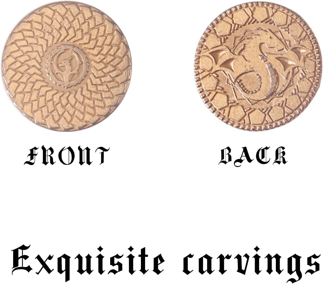 50 PCS Metal DND Coins with PU Leather Bag, Fantasy Gold Coins for Board Games, Game Tokens for Tabletop RPG Games, Black Dragon Bag D and D Coins Collection, Mid-Century Retro Gaming Accessories