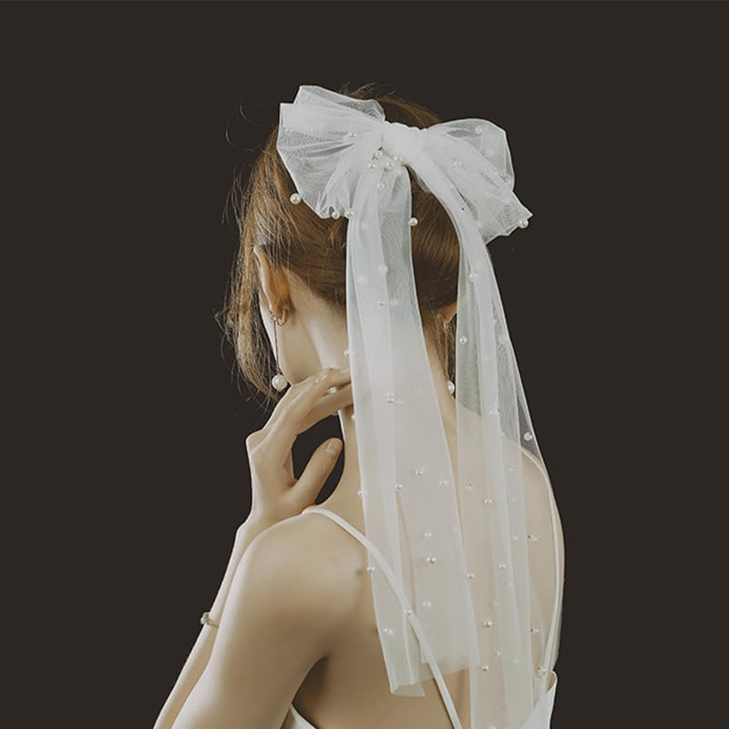 Hair Bow Veil Clip for Brides - White Bridal Veil with Pearls, Barrettes, Hair Clips - Wedding, Bridal Shower, Bachelorette Party Decorations - Bride Bridesmaid Hair Accessories image number 1