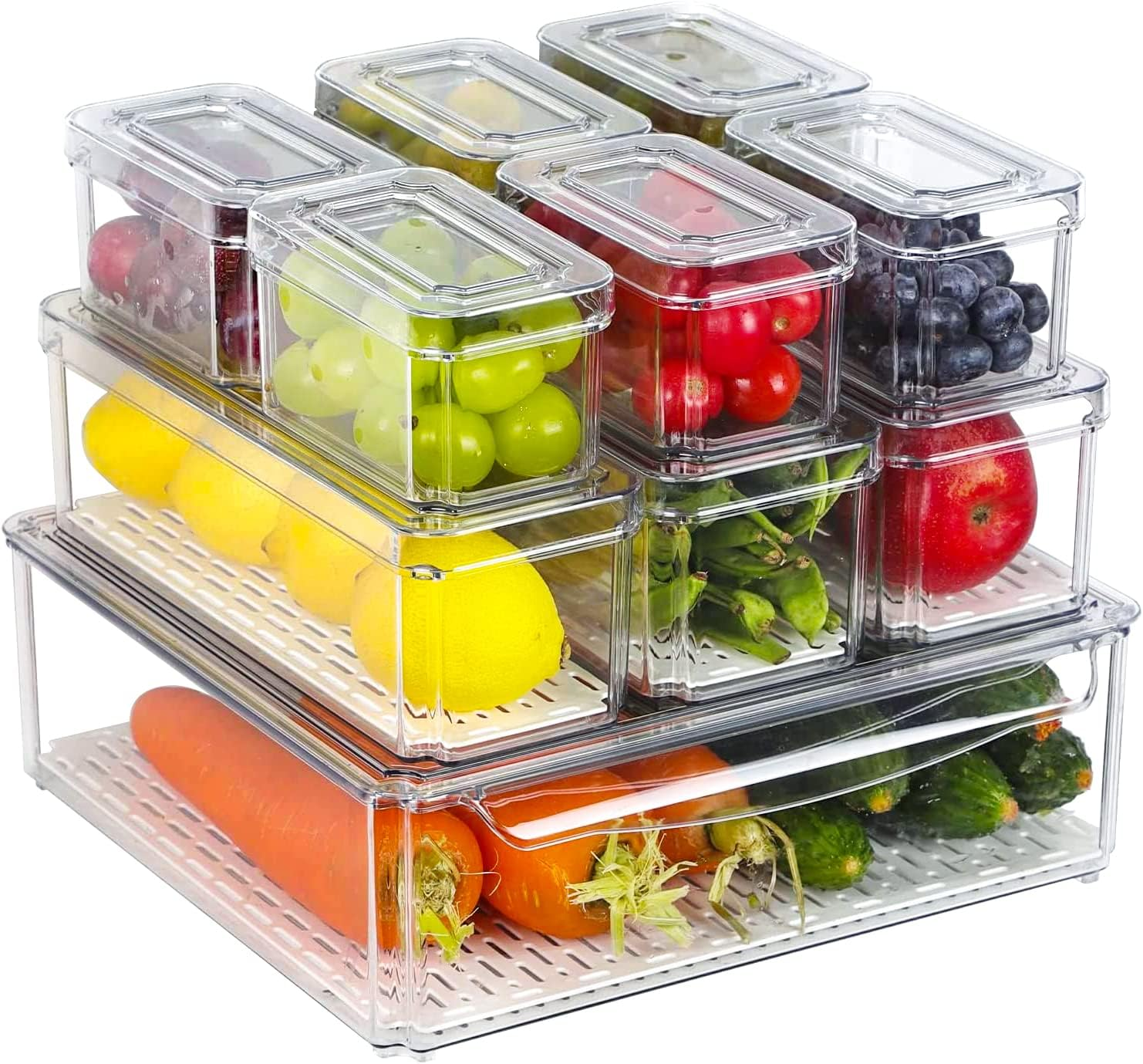 BY for Kitchen & Home 10 Pack Fridge Organizer Bins, Clear Stackable Refrigerator Storage with Lids and Removable Drain Tray, Pantry Storage Containers for Fruit, Food, Vegetable, Bpa-Free image number 2