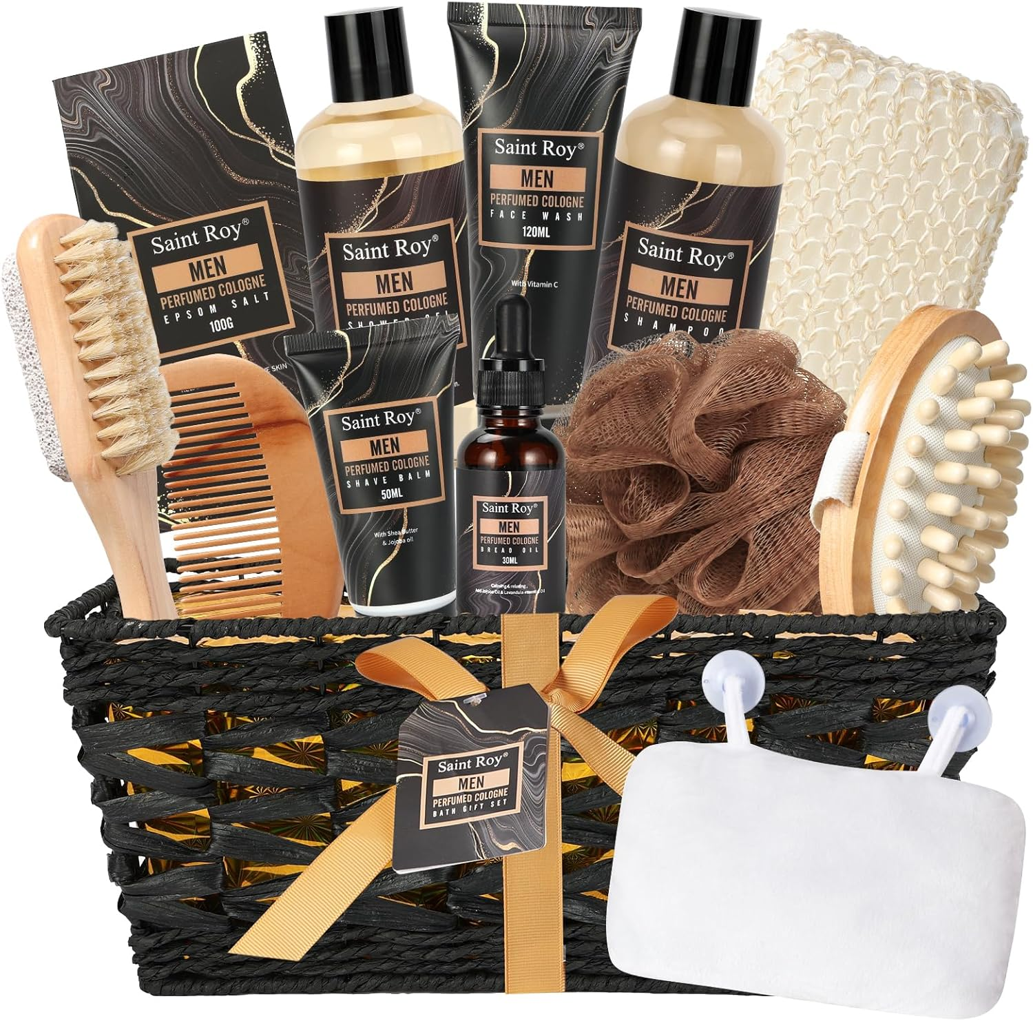 Bath Perfume Gift Set for Men, 14 Pcs Spa Basket with Classic Perfume Kit, Personal Self Care Shaving Kit Relax Included Scubber Sisal, Epsom Salt, Beard Oil, Comb, Razor, Bath Pillow More image number 6