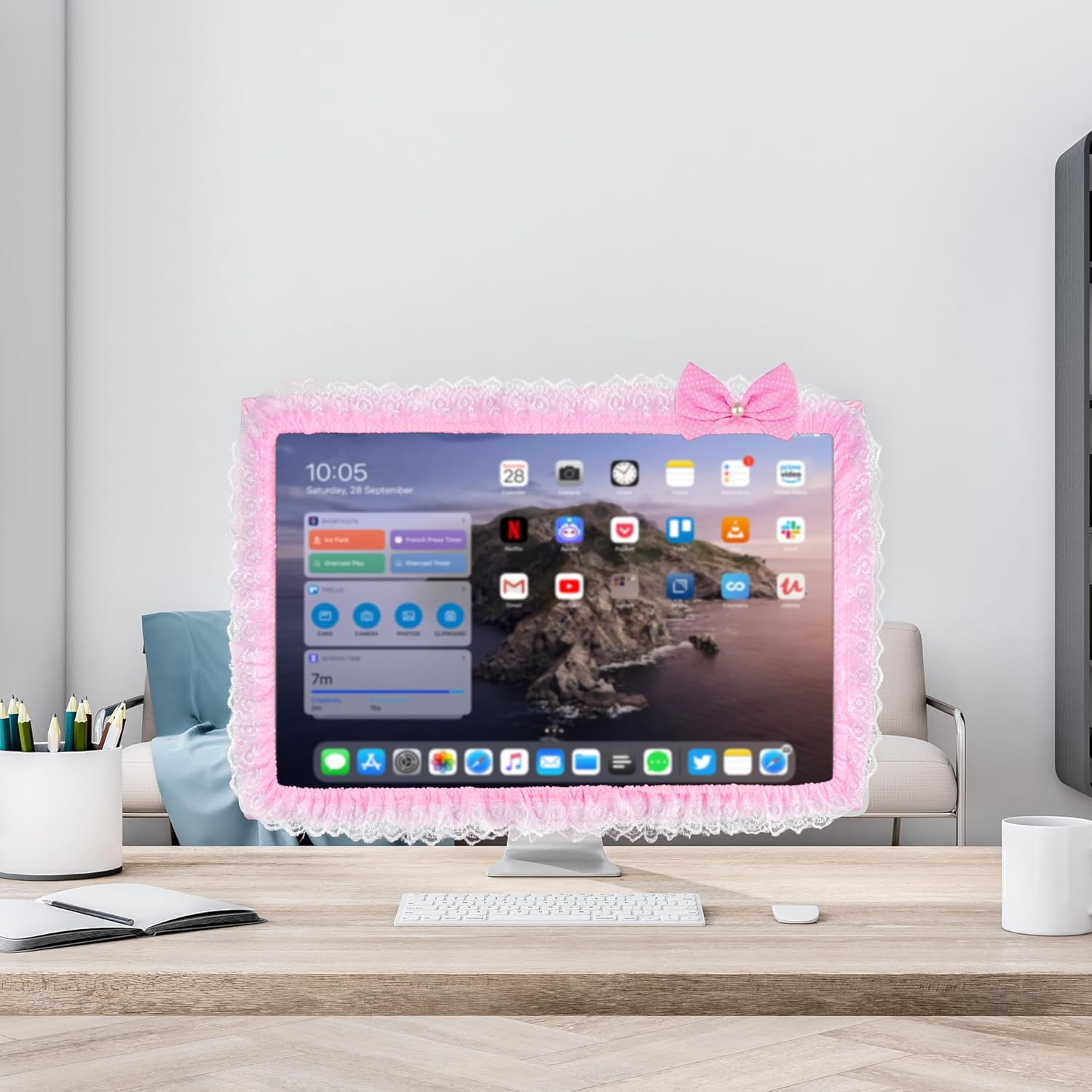 Reignsword 2 Pack Cute Computer Monitor Cover, 23''-26'' Elastic Monitor Dust Cover with Bow Knot, Lovely Monitor Accessories Screen Monitor Decoration for Tablet (Pink) - Red image number 6