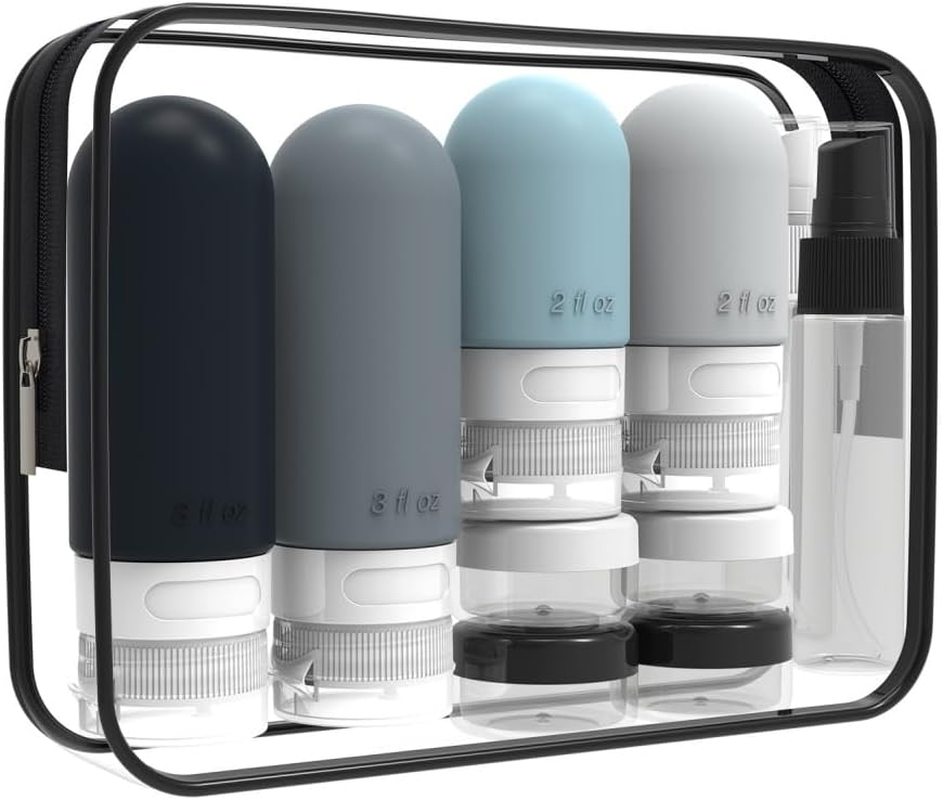 DACUAN Travel Bottles Set, 17 Pack Silicone Travel Containers, Multifunctional Travel Size Toiletries, Portable Travel Essentials for Toiletries Conditioner Shampoo Lotion and Body Wash (Kits B)