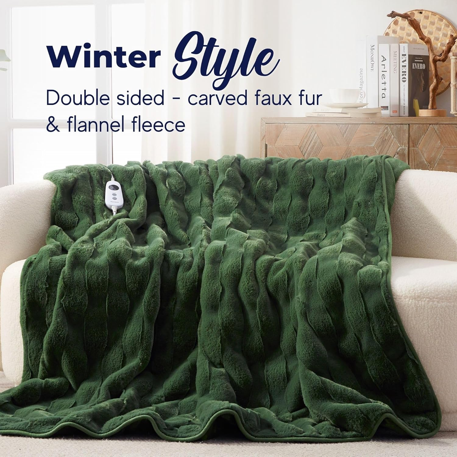 Dreamaker Basketweave Carved Faux Fur Electric Heated Throw Blanket 200X180Cm Warm Flannel Reversible Rug Energy Efficient Overheat Protection 9 Heat Settings Extra Long Cord Controller - Olive Green image number 5