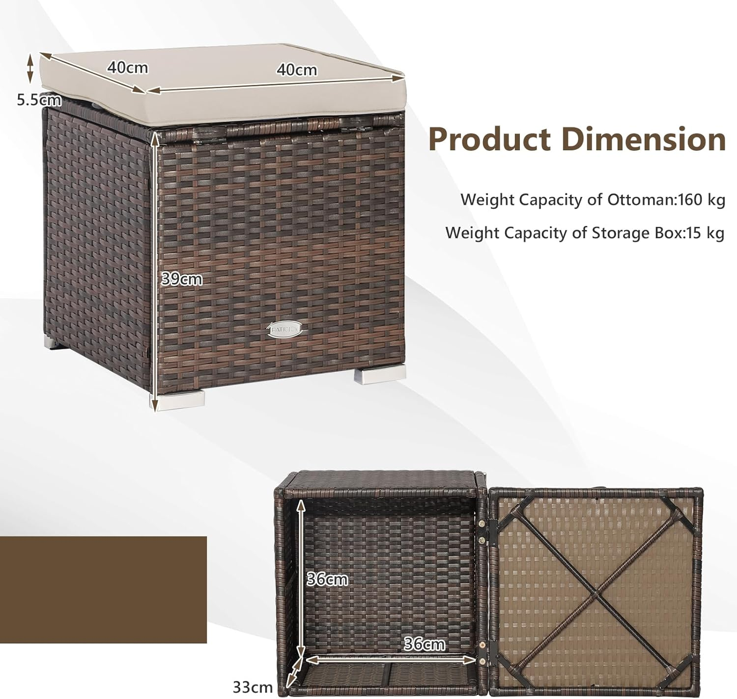 Costway 2-Pieces Patio Ottomans, Outdoor Hand-Woven PE Rattan Side Table W/Removable Cushion & Hidden Storage Space, Footrest, Storage Box, Seat for Patio, Backyard, Poolside (Beige (Cushion)) image number 6