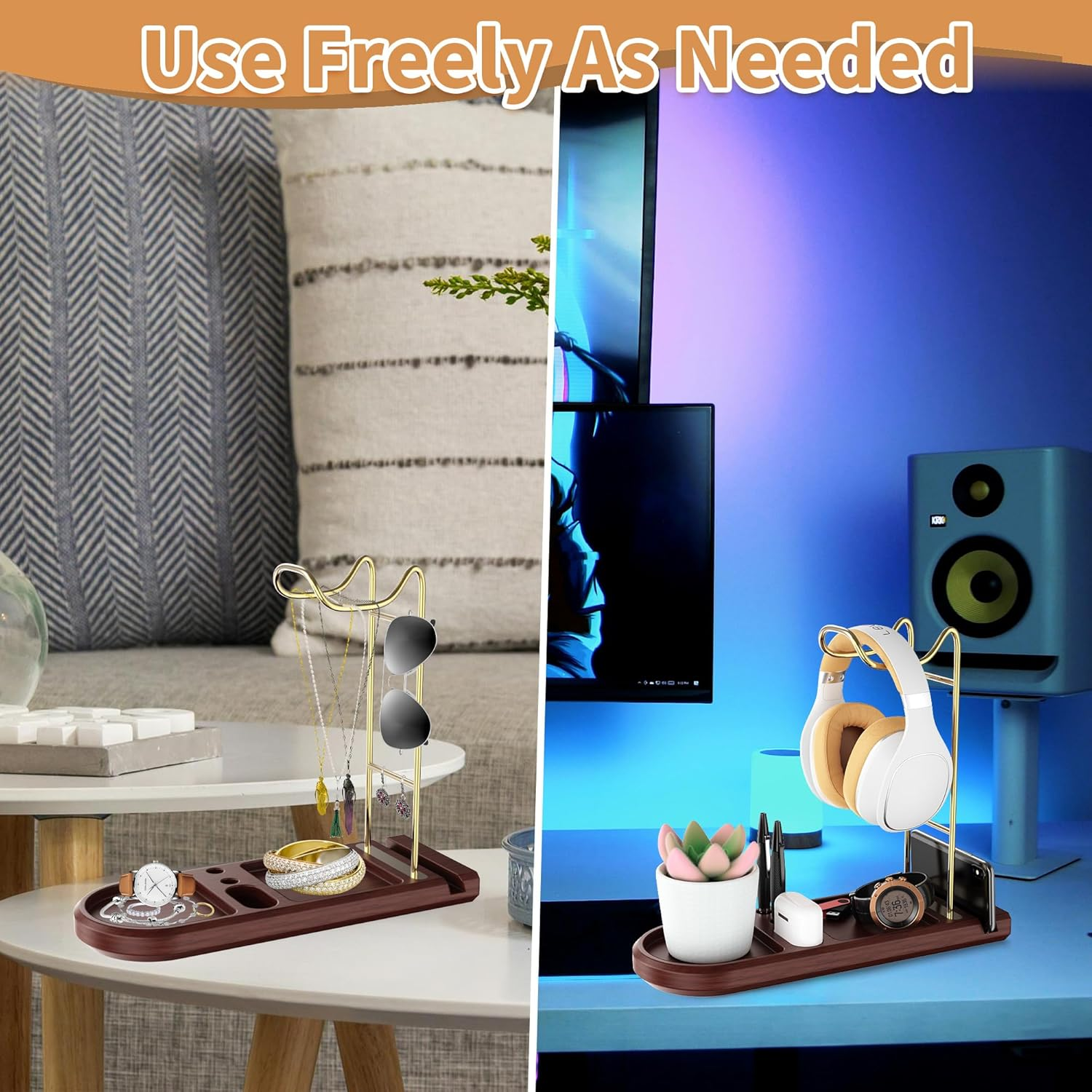 ATSKIM Wooden Headphone Stand for Desk, Headset Holder with Storage Base, Game Controller and Headset Stand for Airpod Max and More, Desktop Headphone Hanger for Gaming, Office (Gold) image number 4