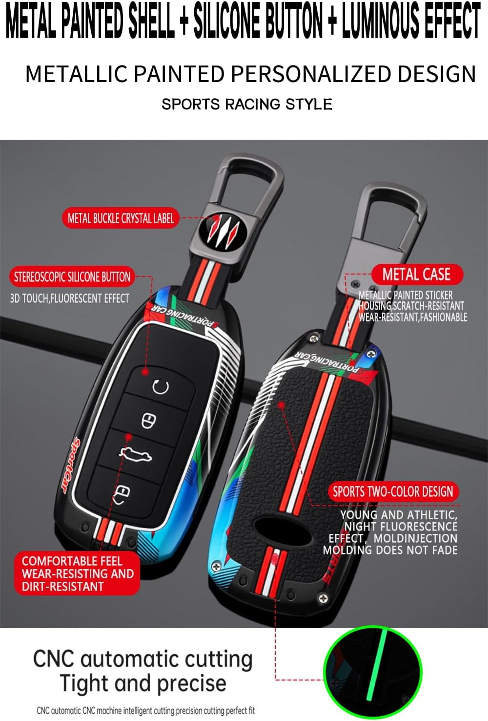 Ontto Luminous Car Key Fob Cover Fit for Chery Jaecoo J7 J8 7 Tiggo 8Plus 8 5 plus 7Pro Max Omoda 5 C5 Arrizo Key Holder Metal Smart Shell Case Keyring Keychain Auto Styling Accessories Red 3