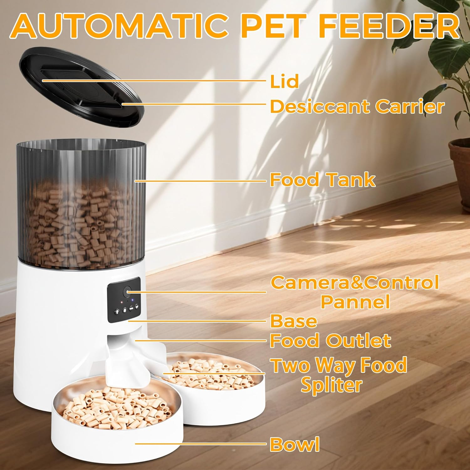 Advwin Automatic Cat Feeder with HD Camera for 2 Cats: 4L Automatic Dog Feeder with Night Vision, 2.4G Wifi Auto Cat Food Dispenser for Multiple Pet, Detachable for Cleaning image number 3