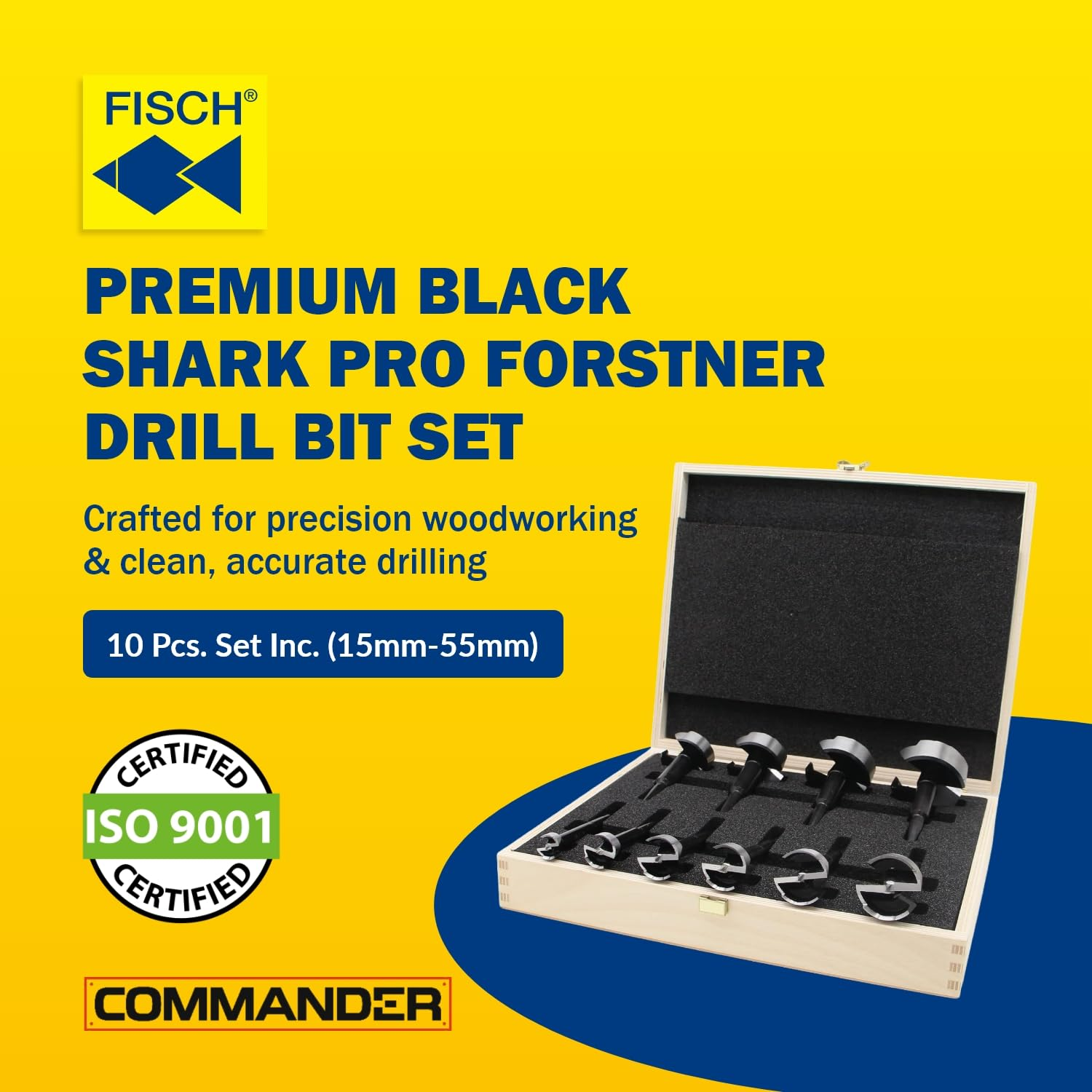Black Shark Pro Forstner Drill Bit Set 10 Pieces Diameter 15-20-25-26-30-35-40-45-50-55 Mm Length 90 Mm in Wooden Case image number 1