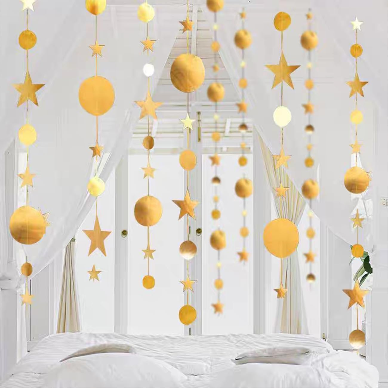 OSYLICT 52 Feet Reflective Star Dots Paper Garland,Gold Glitter Sparkling Twinkle Hanging Streamer Circle Banner for Party Birthday Wedding Anniversary Backdrop 4 Pack image number 3
