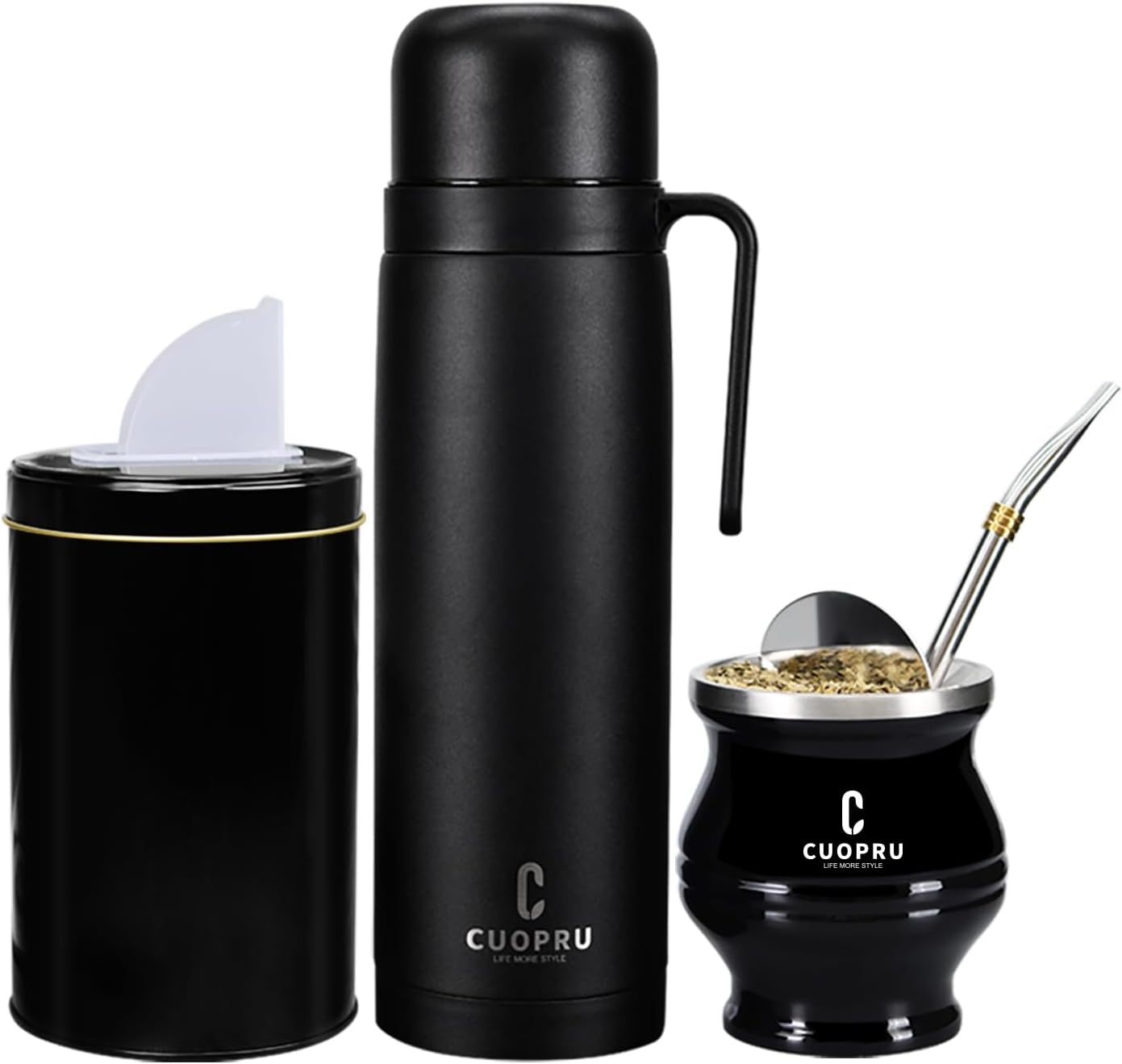 Cuopru Premium Stainless Steel Yerba Mate Kit, Gourd, 33.8Oz Insulated Bottle, Container, Bombilla, Cleaning Brush, Tea Filter Set, Matte Black image number 2