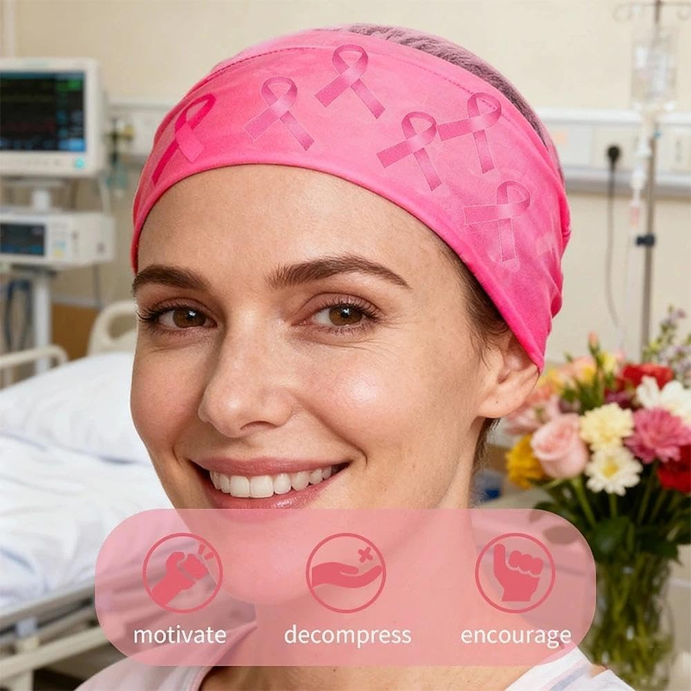Breast Cancer Awareness Headbands Bracelet Set for Women Pink Ribbon Wristband Hair Band for Breast Cancer Month Events - Pink image number 3