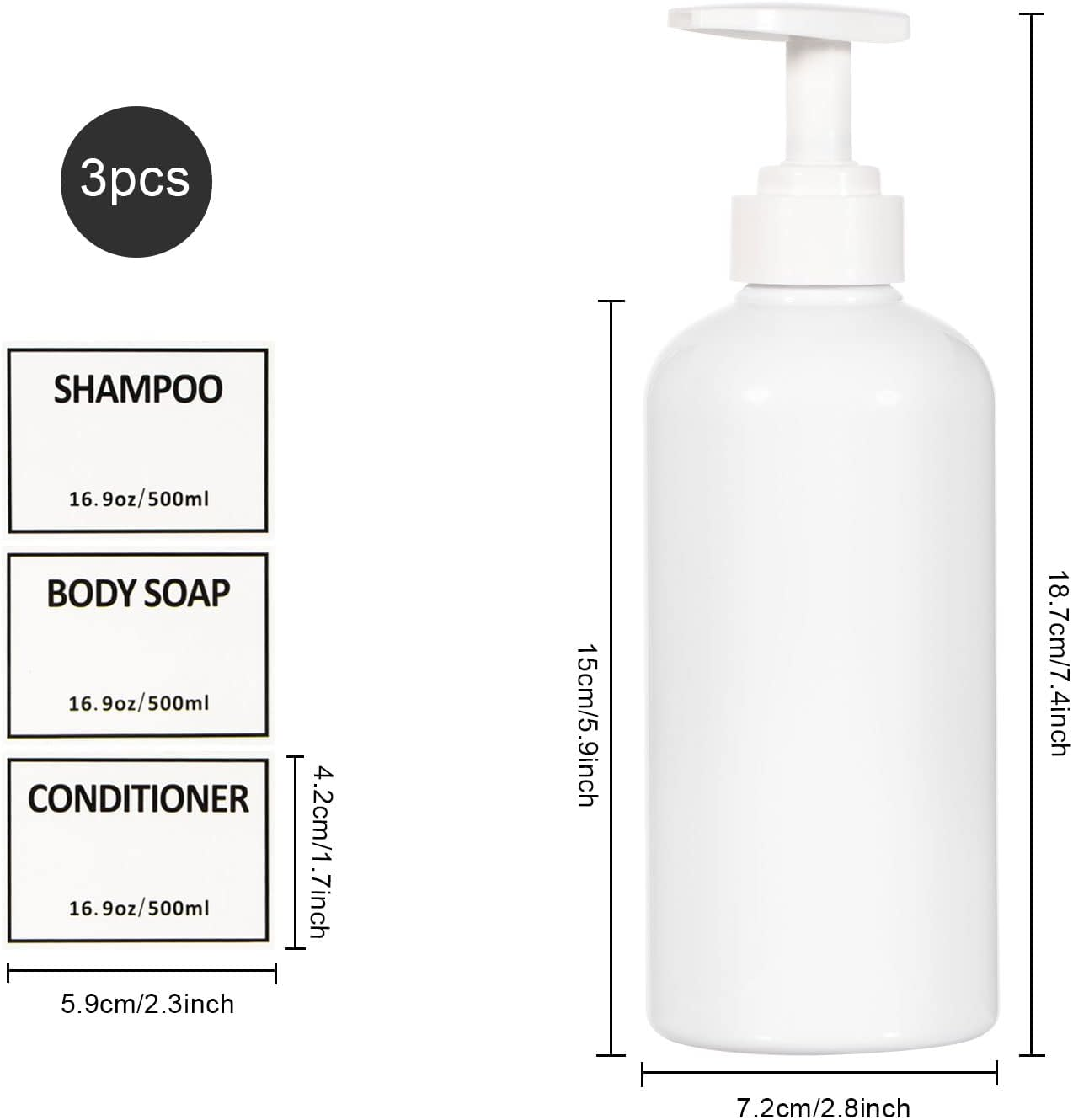Yeeco Shampoo Bottles Refillable with Pump White Shampoo and Conditioner Pump Bottle Dispenser with Waterproof Labels 16.9Oz/500Ml 3 Packs, Shampoo Bottles for Bathroom, Kitchen, Hotel image number 5
