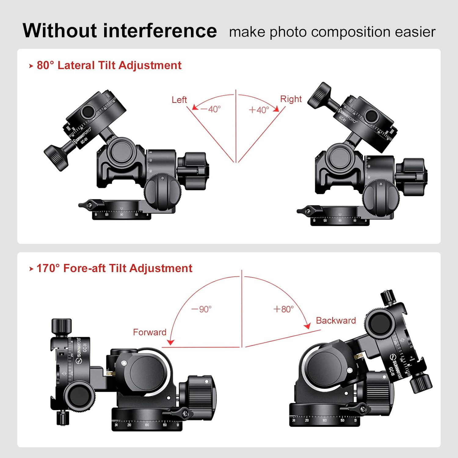 Sunwayfoto GH-PROII+ Geared Head 3D Independent Adjustment Comes with Geared Panning Clamp GC-01 image number 6