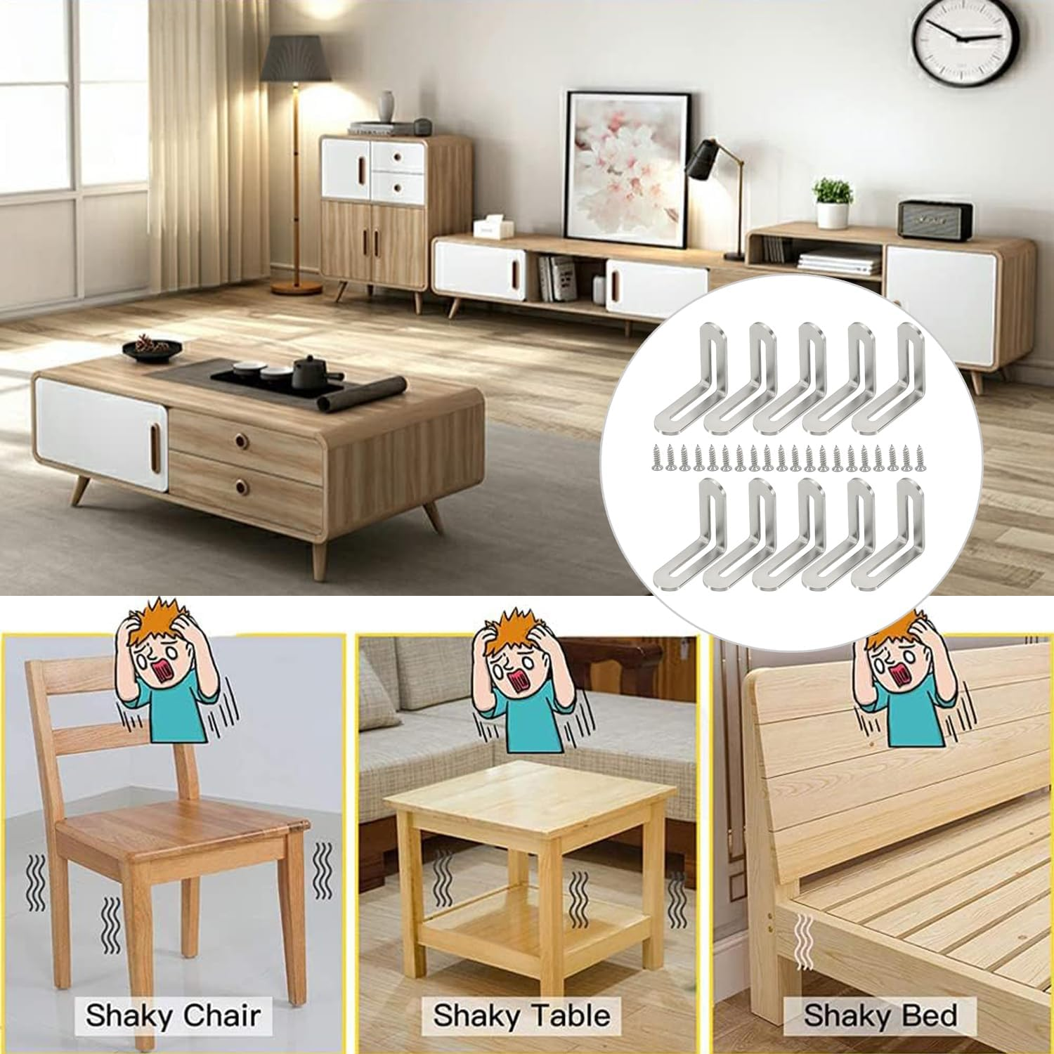 Yharnamite 10 Pcs Adjustable L-Shape Corner Brace with 20 Pcs Screwst, Shelf Bracket, Heavy Duty 90 Degree Corner Fastener Brace Support Stainless Steel Right Angle Fixer for Wood Furniture (Silver) image number 6