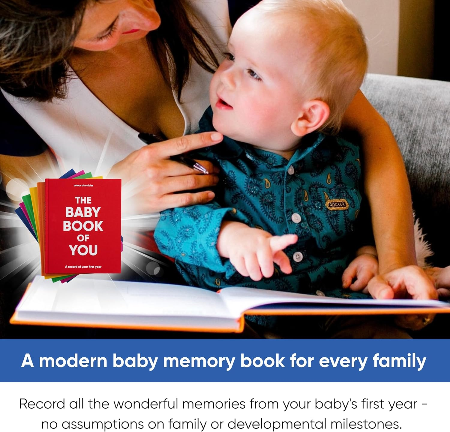 Baby Memory Book | Capture the Joy of the First Year in This Forever Keepsake | Unique Gift for Expecting Parents | 8" X 10&rdquo; Scrapbook | 96 Pages | Cloth Covered Hardback Baby Memory Journal &ndash; Blue