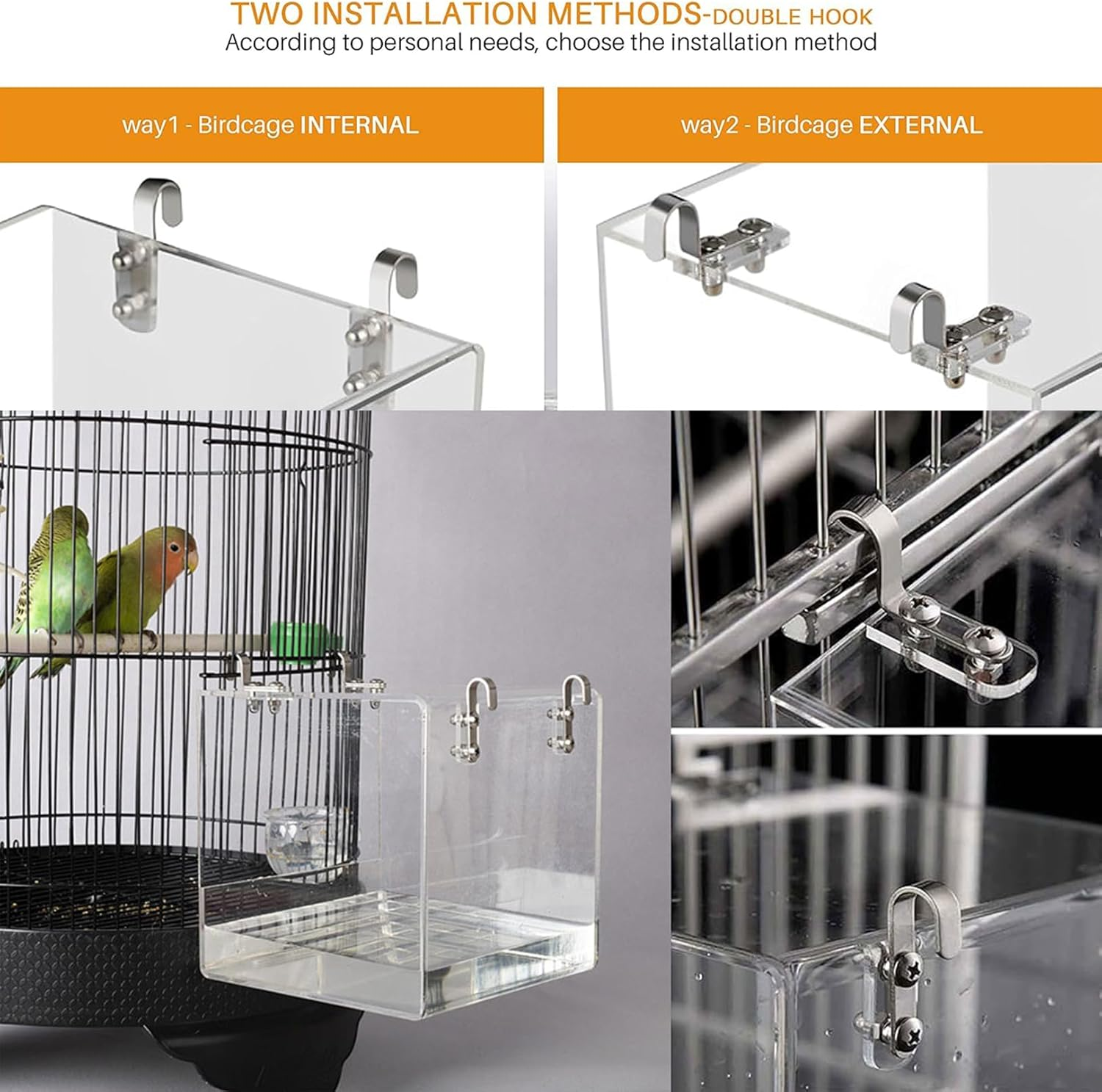 FUNNTY Acrylic Hanging Bird Bath Cage Bird Bathtub Bath Shower Box No-Leakage Bird Bathtub Bird Feeder Cage Bathtub Box for Parakeets Small Bird Parakeets Parrot with 4 Hooks（ 11X13X13Cm） image number 4