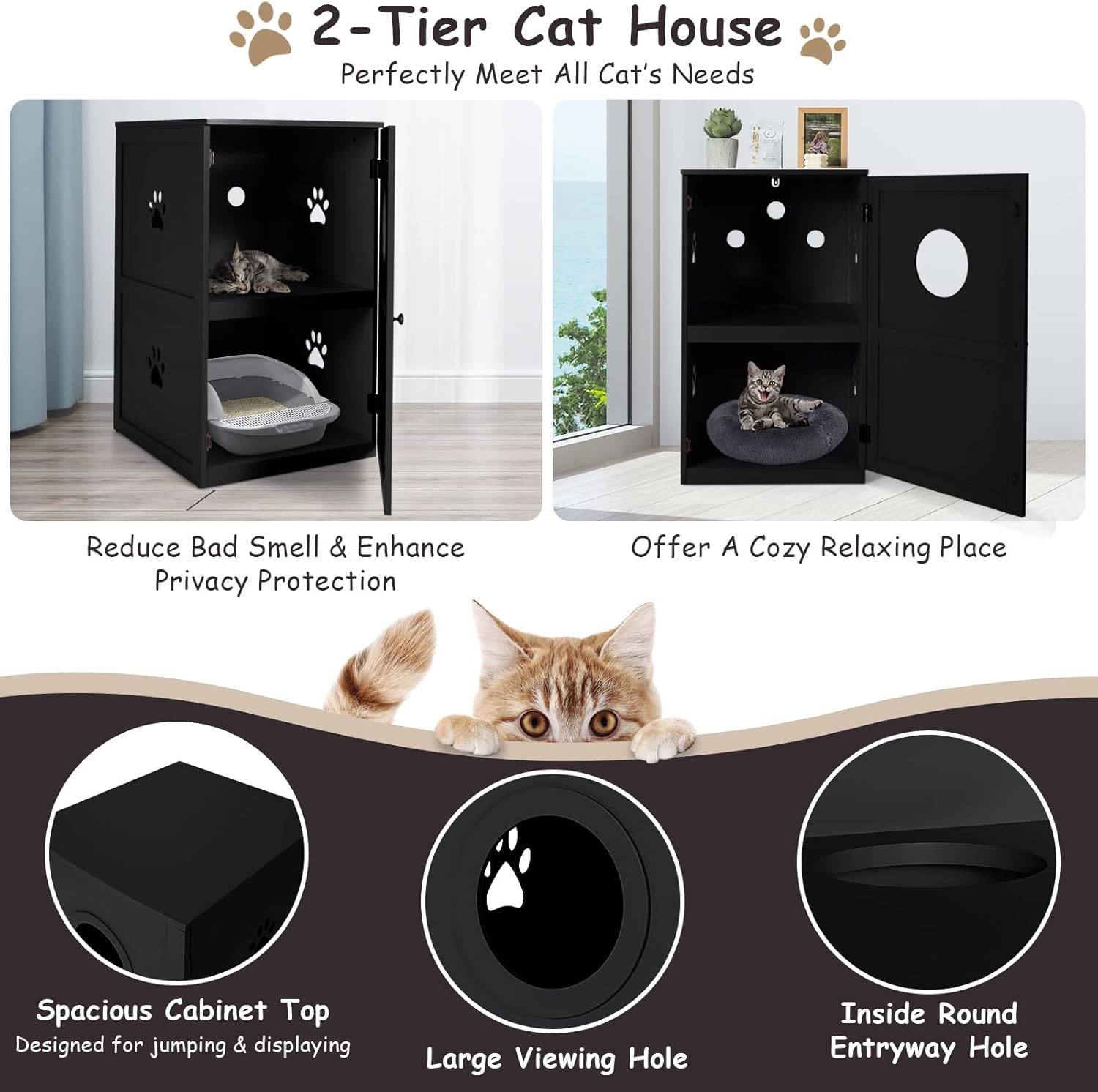 Costway 2-Tier Litter Box Enclosure, Cat House Bench W/Anti-Toppling System & Openable Door, Privacy Cat Washroom W/Multiple Vents & Entrance Hole, Side Storage Cabinet, Home, Pet Store (Black) - Black image number 4