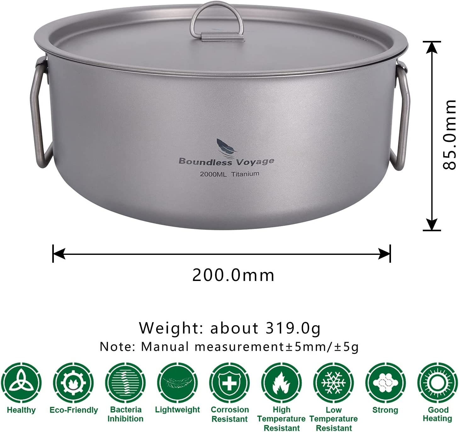 Boundless Voyage Outdoor Camping Titanium Pot 2L Stockpot with Lid Folding Handle Hiking Picnic Portable Big Capacity Soup Pot Home Kitchen Ti2054C