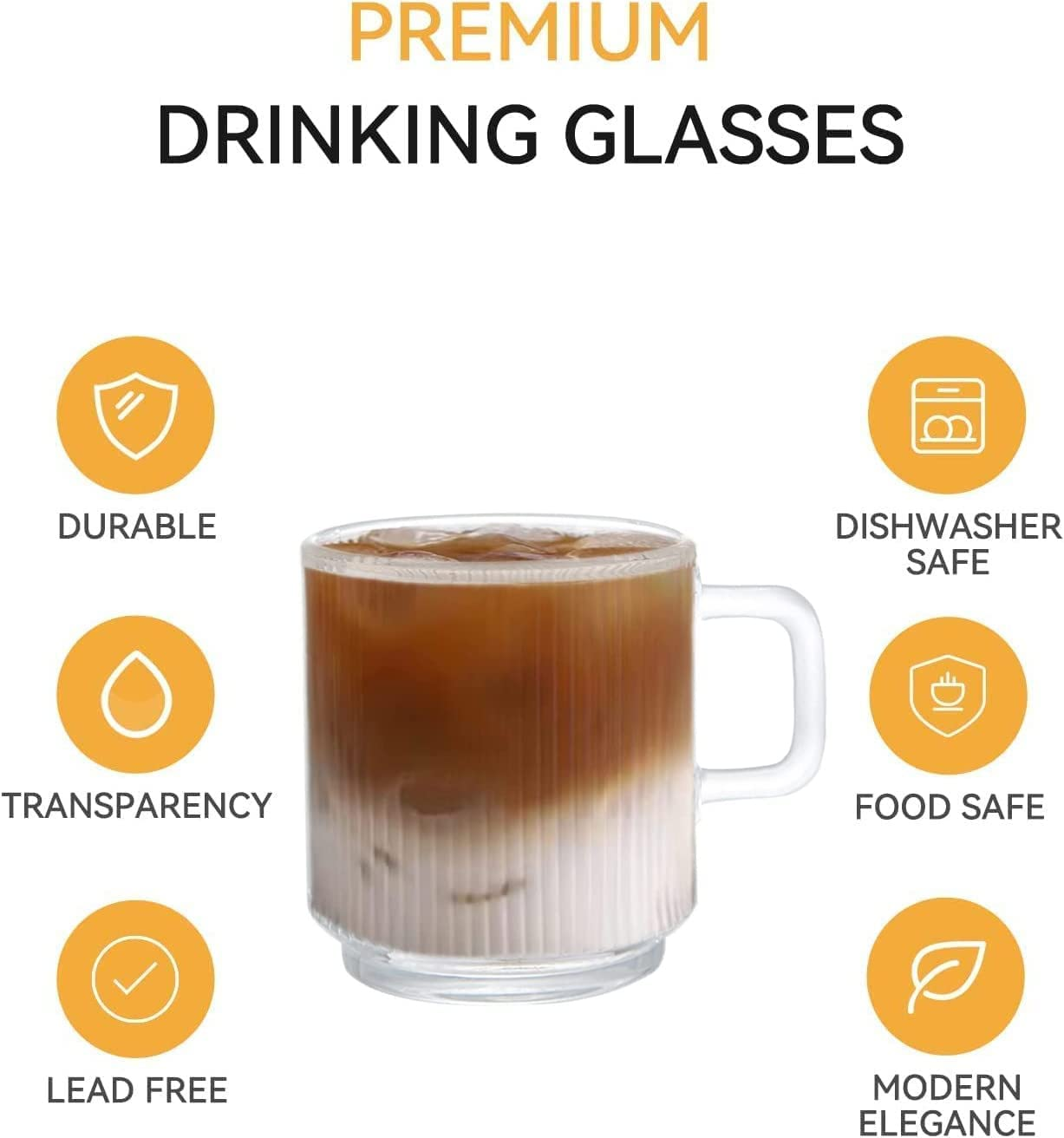 D.M Design&middot;Master [6 Pack, 12 OZ - Premium Glass Coffee Mugs with Handle. Transparent Tea Glasses for Hot/Cold Beverages, Perfect Design for Americano, Cappuccino, Tea and Beverage. image number 5