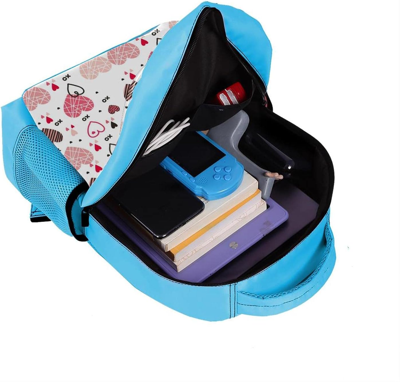 Blue Backpack Boy Bookbags Rucksack Men Travel Handbag Daypack Valentine Love Hearts Pink Pattern image number 6