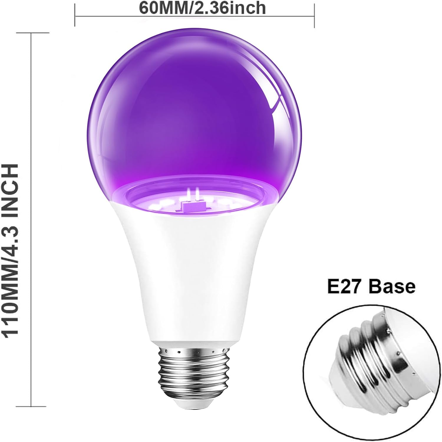 WTL UV Light Bulbs, A60 9W E27 Black Light Bulb (Equivalent 60Watt) 380-400Nm Wavelength, UV Black Light Bulbs Glow in the Dark for Home Party Halloween Stage DJ Disco Lighting (2 Pack) image number 3