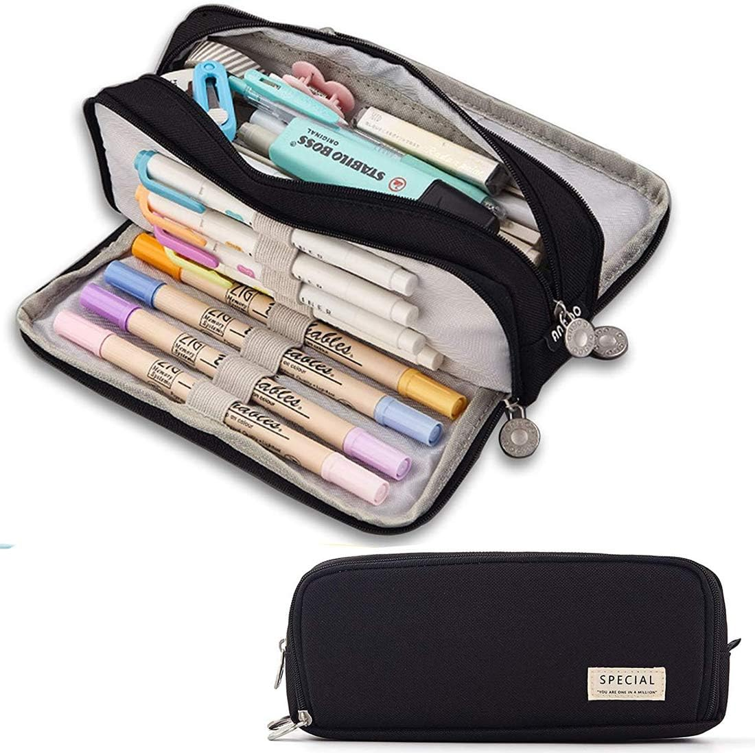 Sebeli Pencil Case Big Capacity 3 Compartments Pouch Stationery Art Pen Bag for Girls Teens Students School & Office Supplies - Plaid White