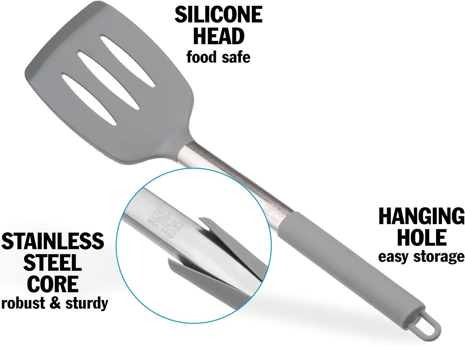 Igluu Meal Prep Grey Silicone Slotted Turner Spatula Heat Resistant Non-Stick Soft Grip, Stainless Steel image number 2