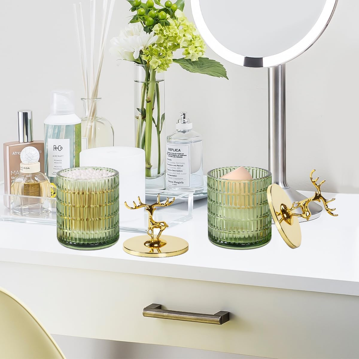 Tonxus Glass Apothecary Jars with Lid, Green Qtip Holder for Bathroom Decor, Bathroom Canisters Storage Organizer for Cotton Swabs, Balls, Pads, Floss Picks, Candy, Jewelry - Pink A image number 3