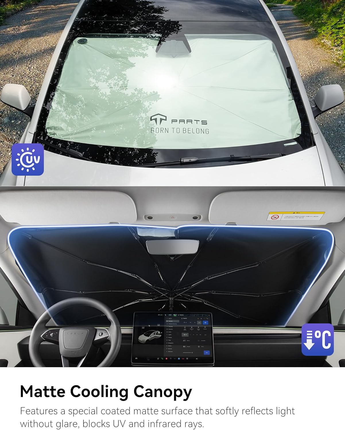 TPARTS Windshield Sunshade Umbrella for Tesla Model 3/Y/S/X, Foldable UV Ray Reflector with Fiberglass Ribs & 360&deg;Rotation Bendable Handle image number 4