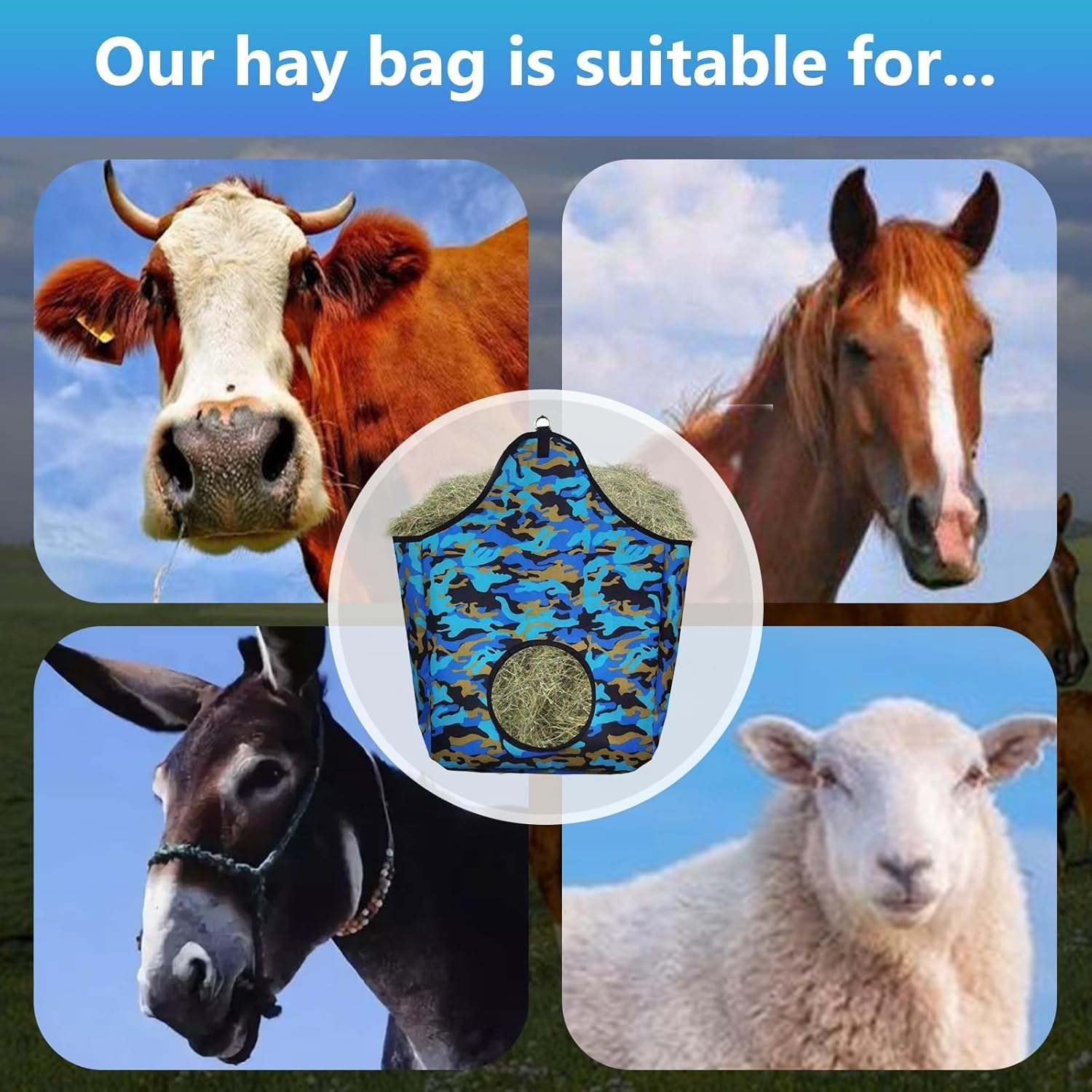 Heavy-Duty Slow Feed Hay Feeder Bag for Horses, Cows, Goats & Donkeys - Large Capacity Oxford Fabric Sack with Metal Snap Fasteners & Efficient Open-Feed Holes (Camouflage) image number 2