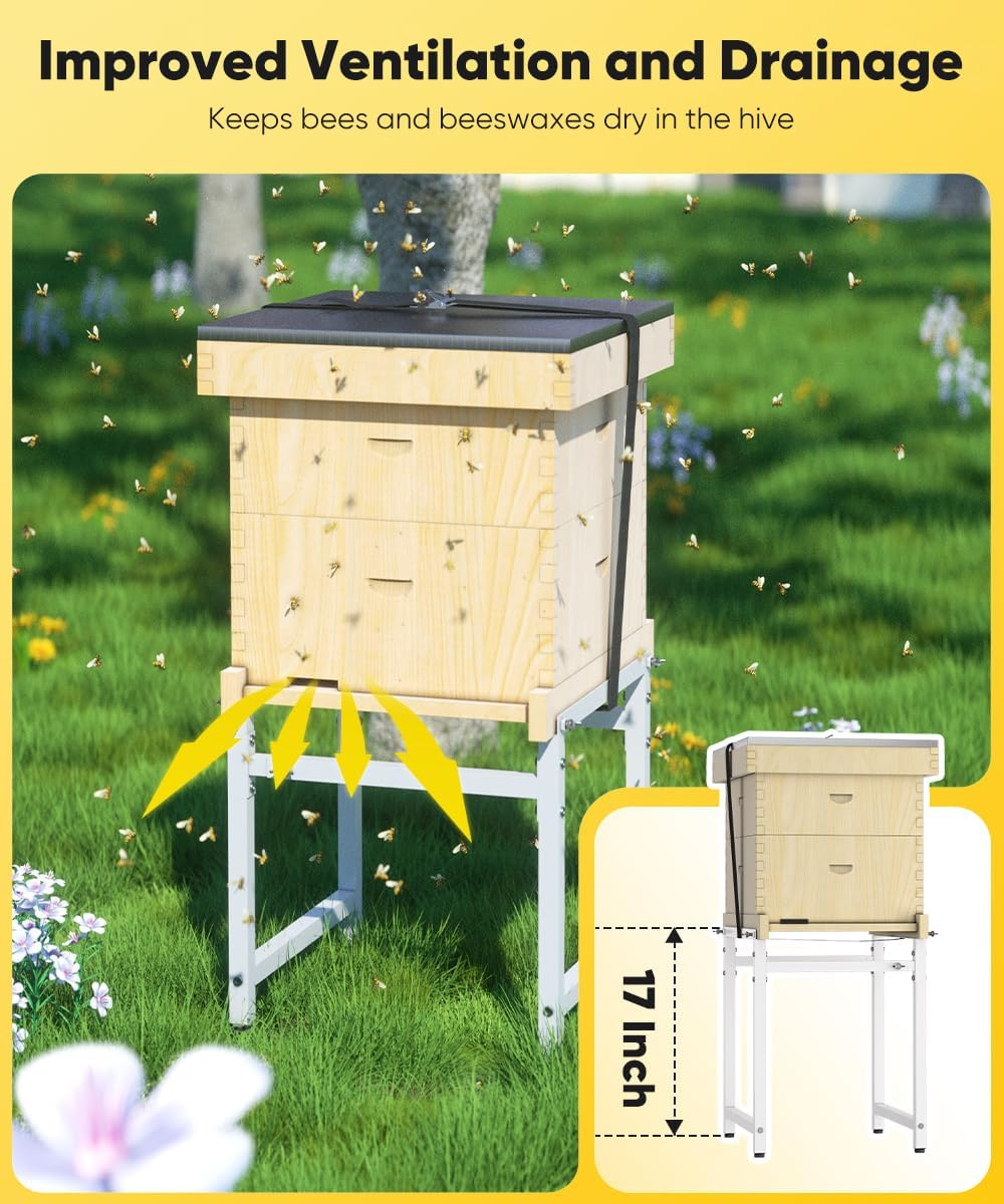 Adjustable Metal Bee Hive Stand with 120-Inches Strap for 8 & 10 Frame Beehives Box, 12 to 19 Inches Width Beehive Frame Holder, Heavy Duty Flow Hives Stands Base for Beekeeping, White - Black image number 5