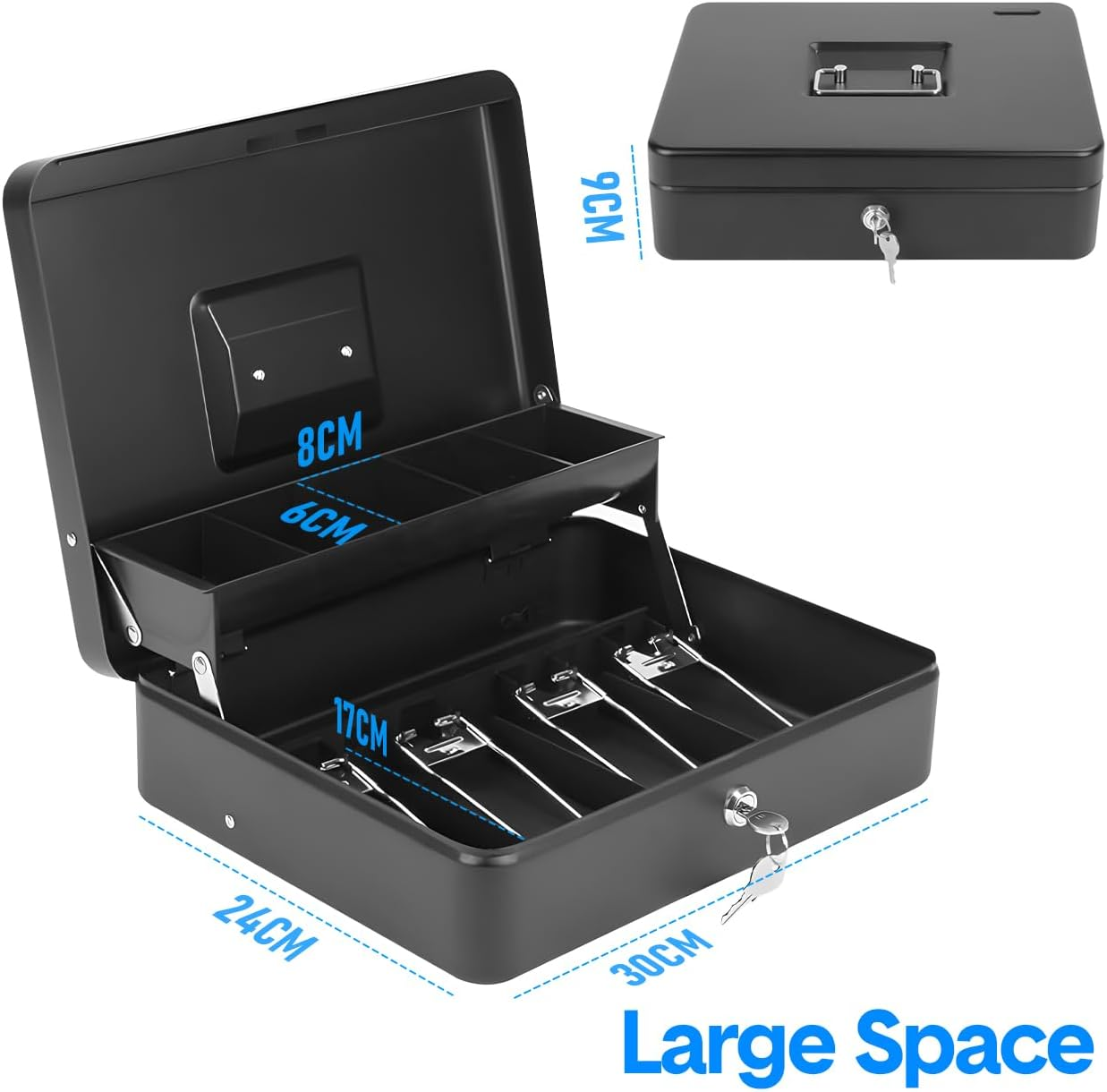 Aumerage Metal Cash Box with Security Lock & 2 Keys - 4 Bill/5 Coin Tray Storage, Large Lockable Money Box for Small Business/Home (Black)