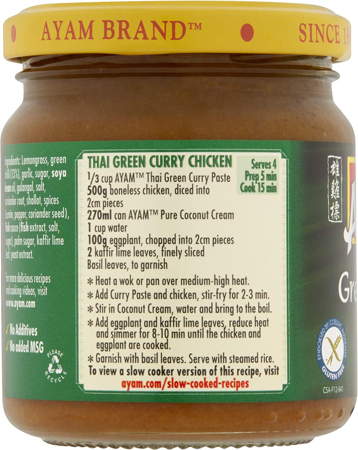 AYAM Green Curry Paste | Sweet & Spicy | Gluten, Dairy, Nut, Egg Free | Great Taste | No Additives & No Added MSG - 6 X 195G image number 4