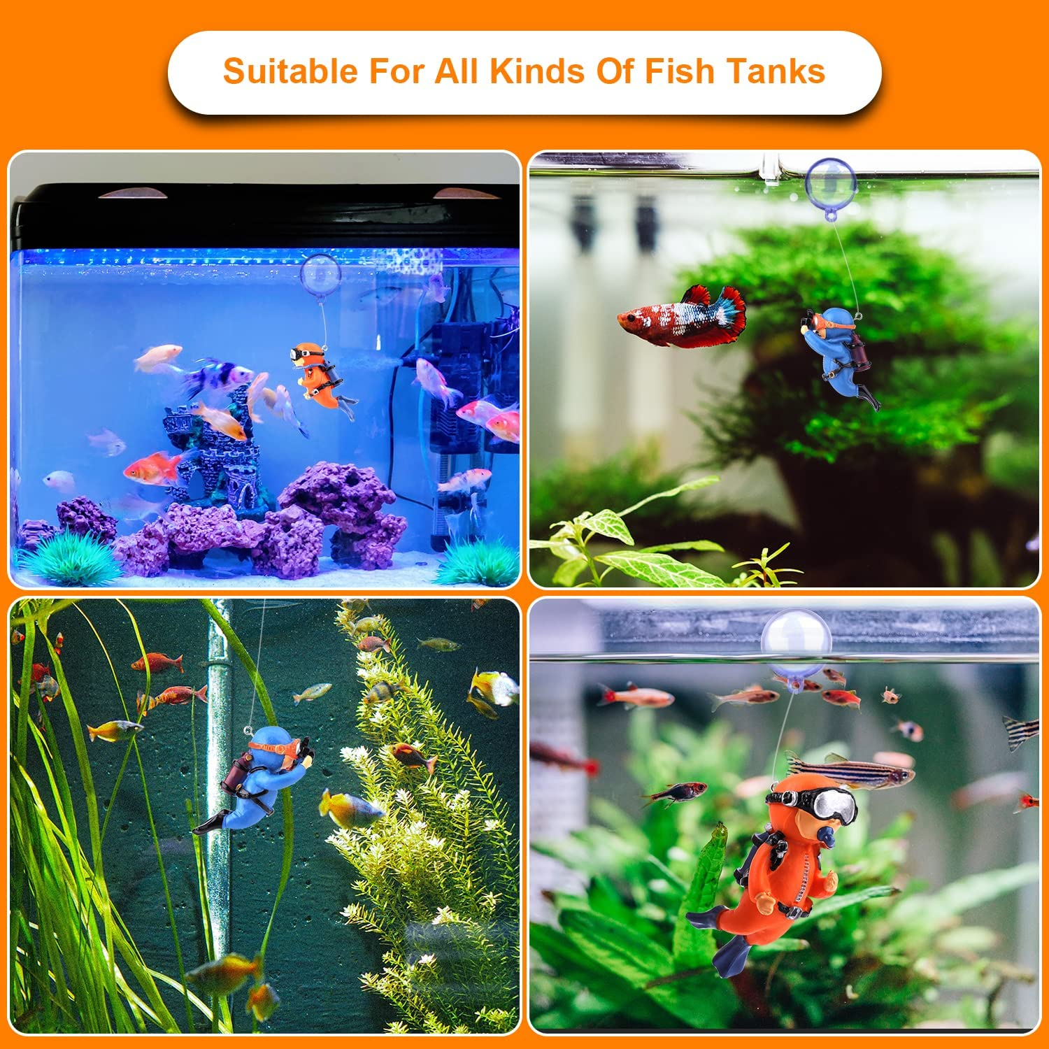 TOYMIS 2 Pack Fish Tank Decorations, Cute Little Diver Aquarium Decoration Fish Tank Aquarium Diver Ornament Floating Aquarium Accessories (Orange, Blue) image number 5