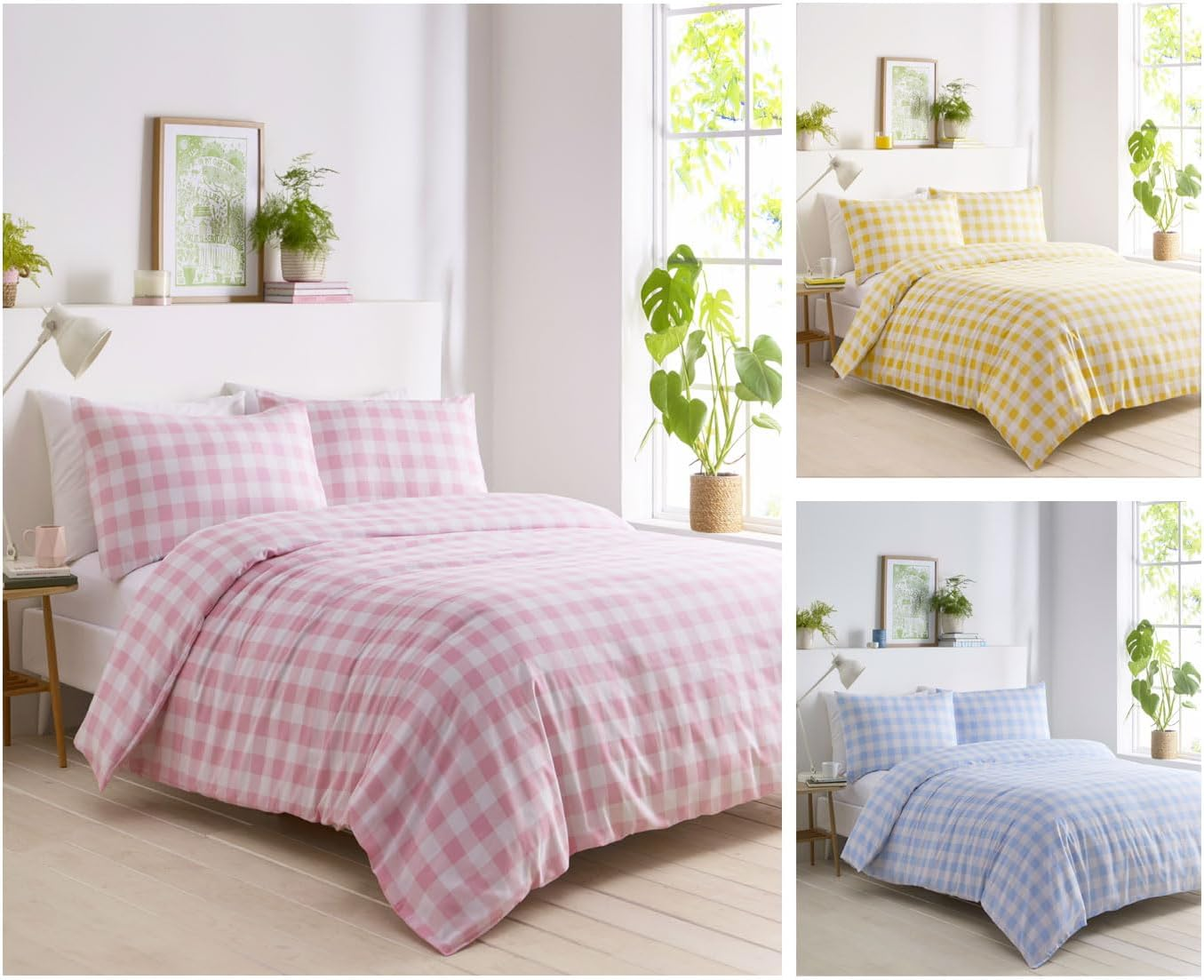 Gingham Duvet Sets Check Bedding Quilt Cover Pillow Cases (Pink, King)