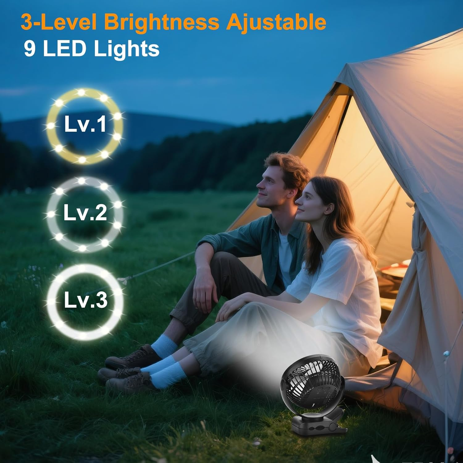 GOBRILLFUN Portable Clip Fan with Remote, 9 LED Lights, 6-Inch Battery Operated USB Rechargeable Fan with 3 Speeds, Power Bank Feature, Personal Cooling for Home, Office, RV, Outdoor Camping image number 3