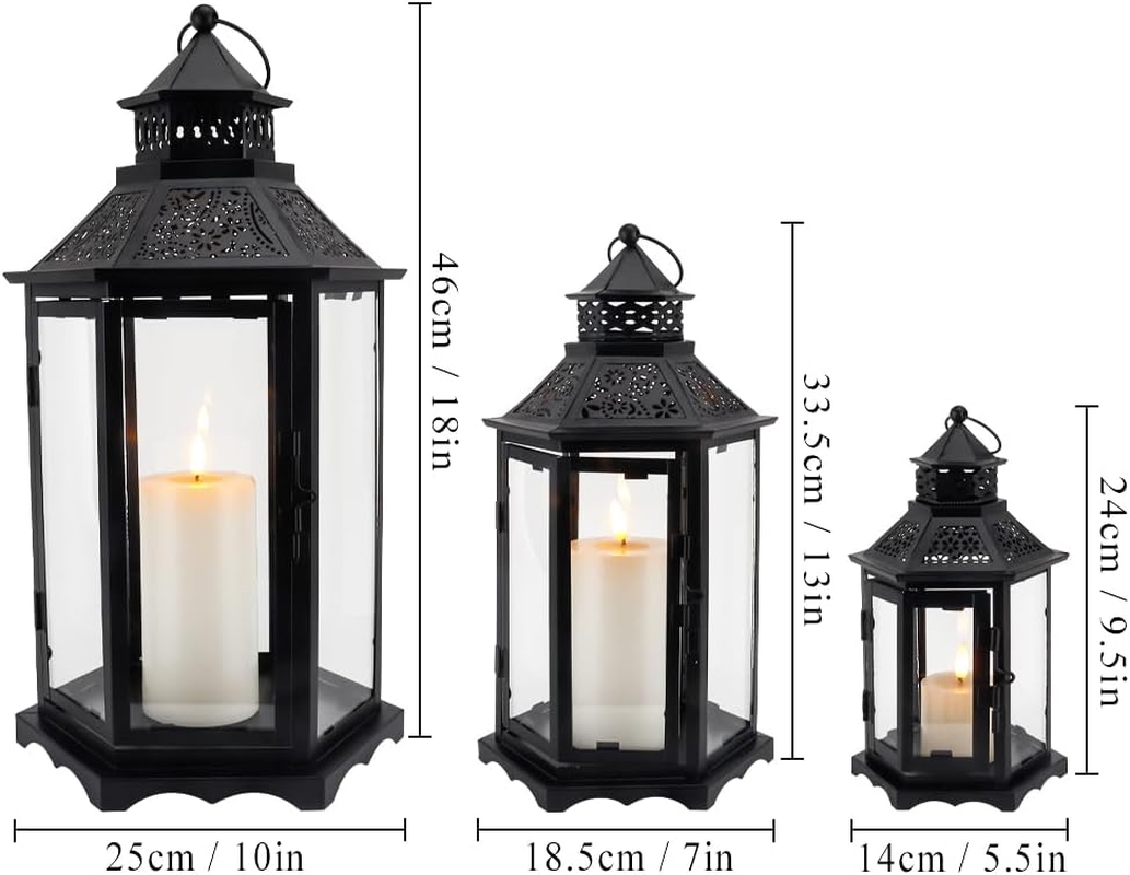 TRIROCKS Set of 3 Decorative Candle Lanterns18''&13"&10" H Hexagonal Candle Holder Vintage Metal Hanging Lantern with Tempered Glass for Garden Patio Wedding Event Indoors Outdoors(Black) image number 3